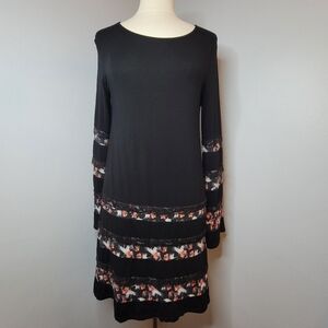 Desigual Black Floral Lace Striped Bell Sleeve Nikita Shift Dress Medium Stretch